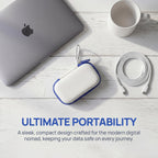 White SanDisk portable SSD case on a desk, designed for travel portability