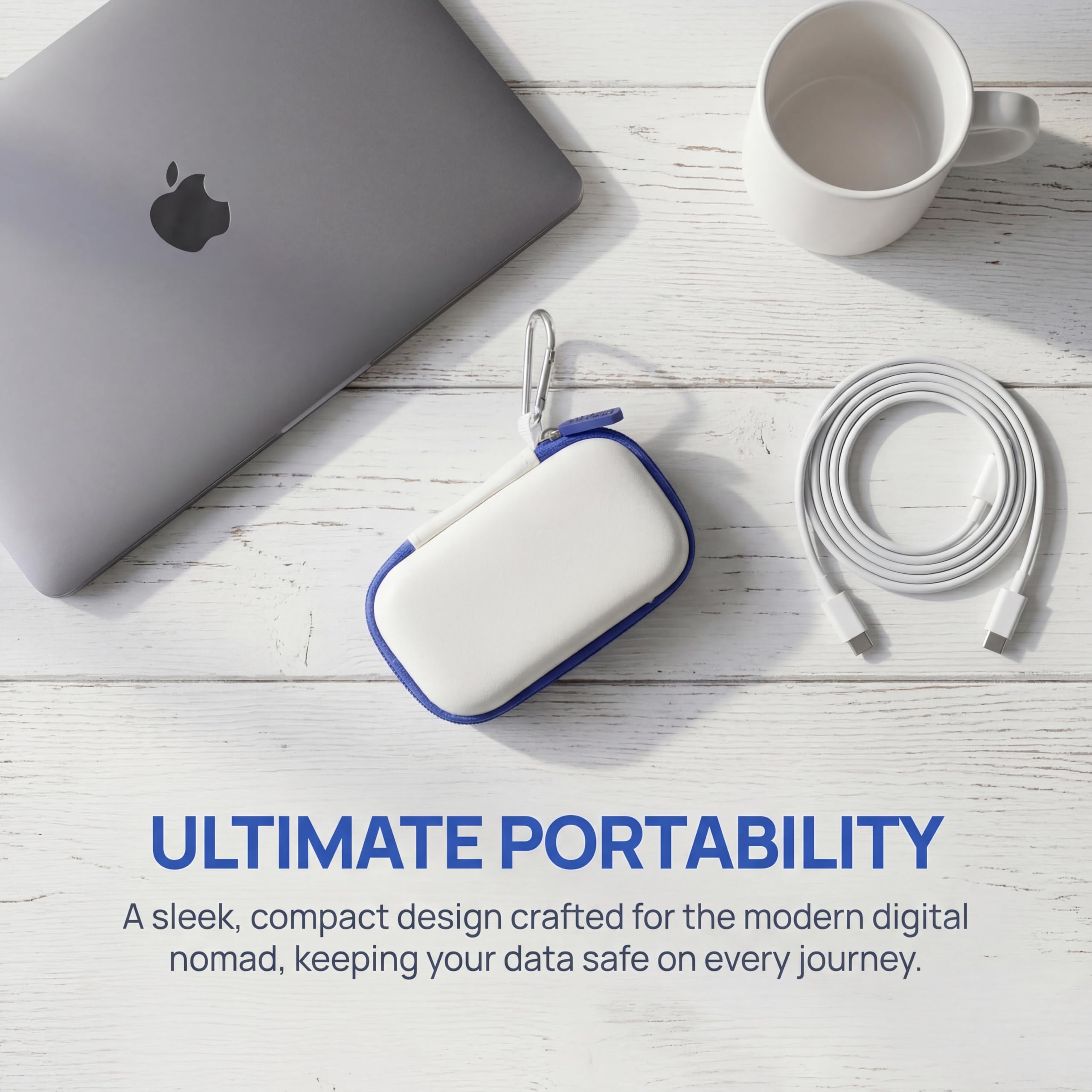 White SanDisk portable SSD case on a desk, designed for travel portability