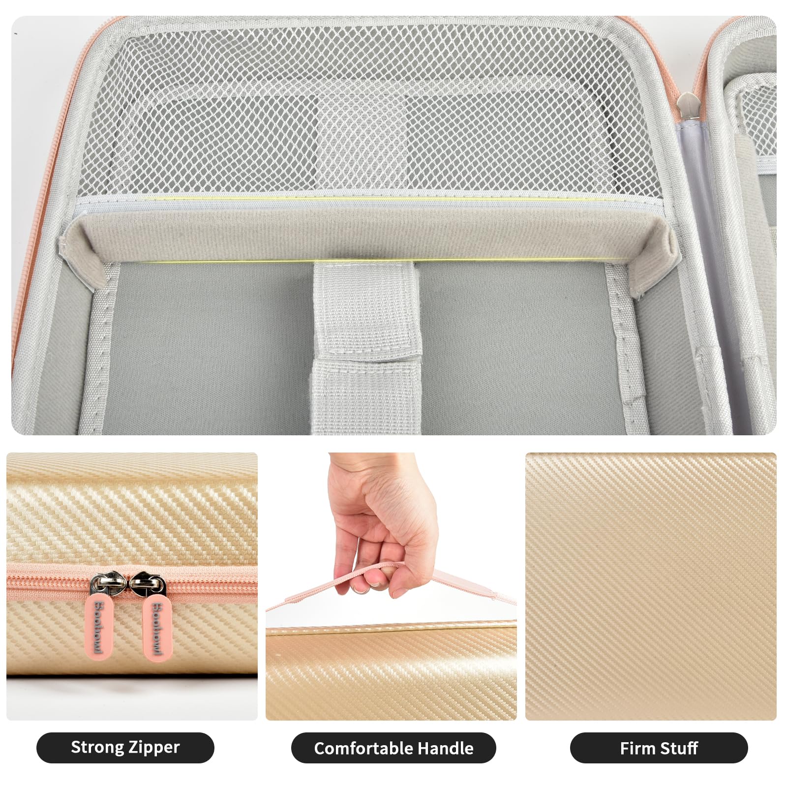 Beige and rose gold barber case with mesh pocket, strong zipper, handle, and firm shell