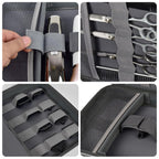 Gray clipper case interior with adjustable elastic holders for tools, scissors, and combs