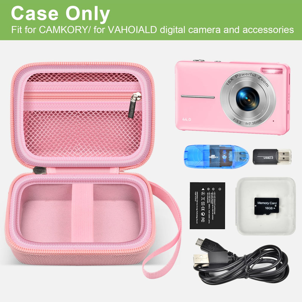 Pink protective digital camera case shown open with compatible compact camera and accessories