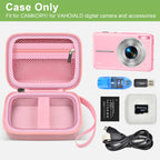 Pink protective digital camera case shown open with compatible compact camera and accessories