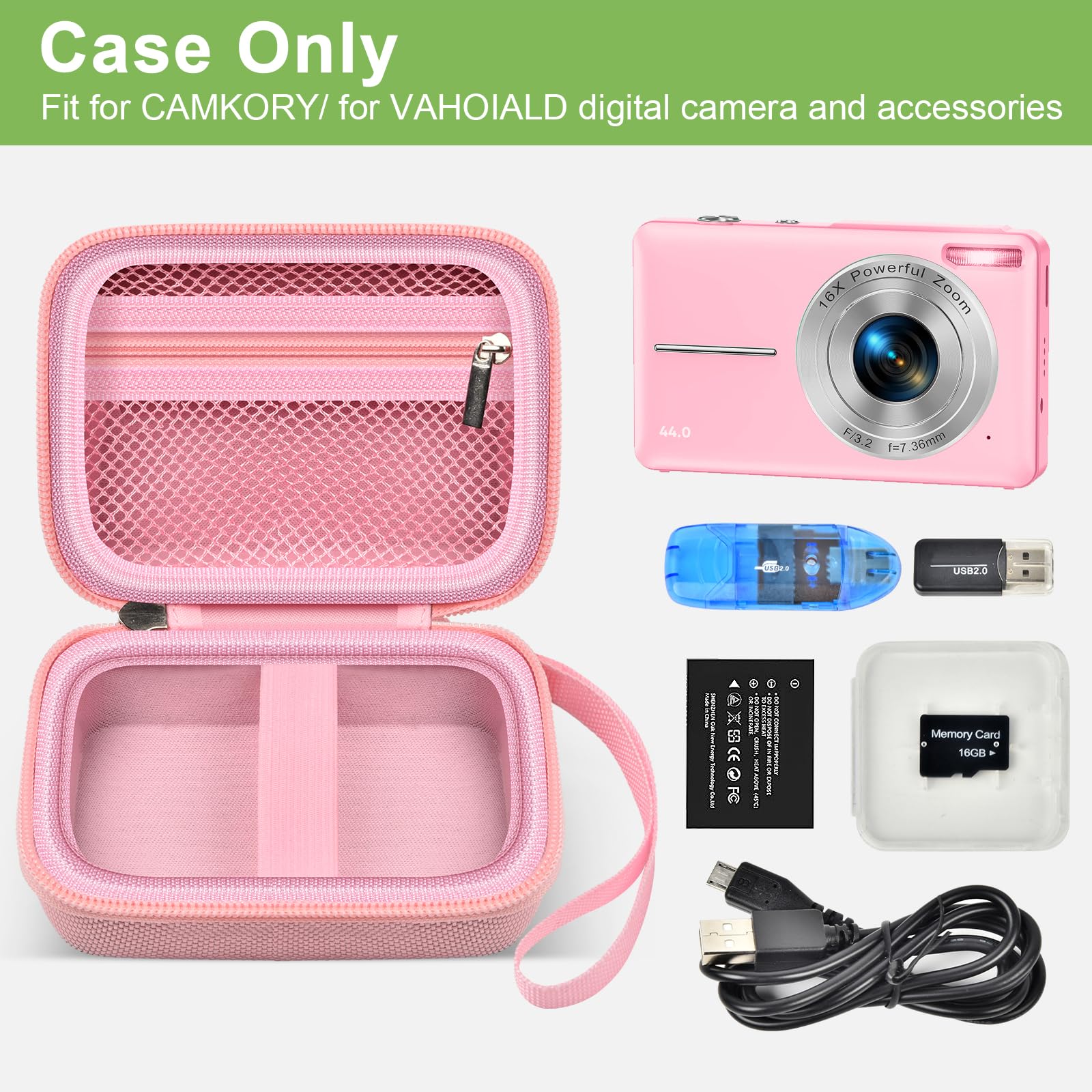 Pink protective digital camera case shown open with compatible compact camera and accessories