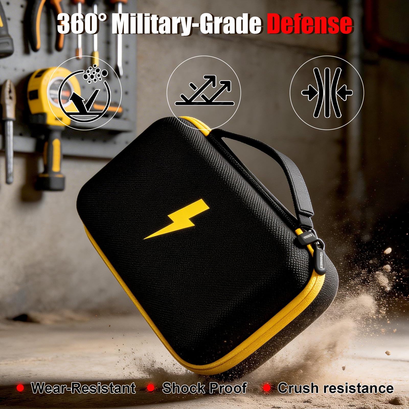 Black and yellow multimeter case demonstrating impact, water, shock, and crush resistance