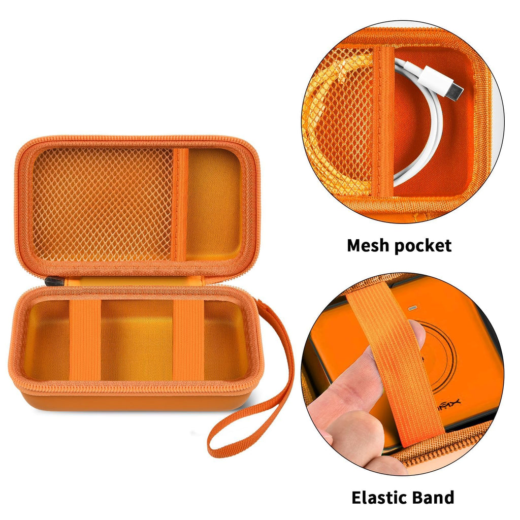 Open orange organizer with mesh cable pocket, elastic straps, and divided compartments