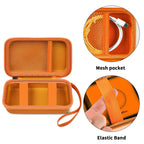 Open orange organizer with mesh cable pocket, elastic straps, and divided compartments