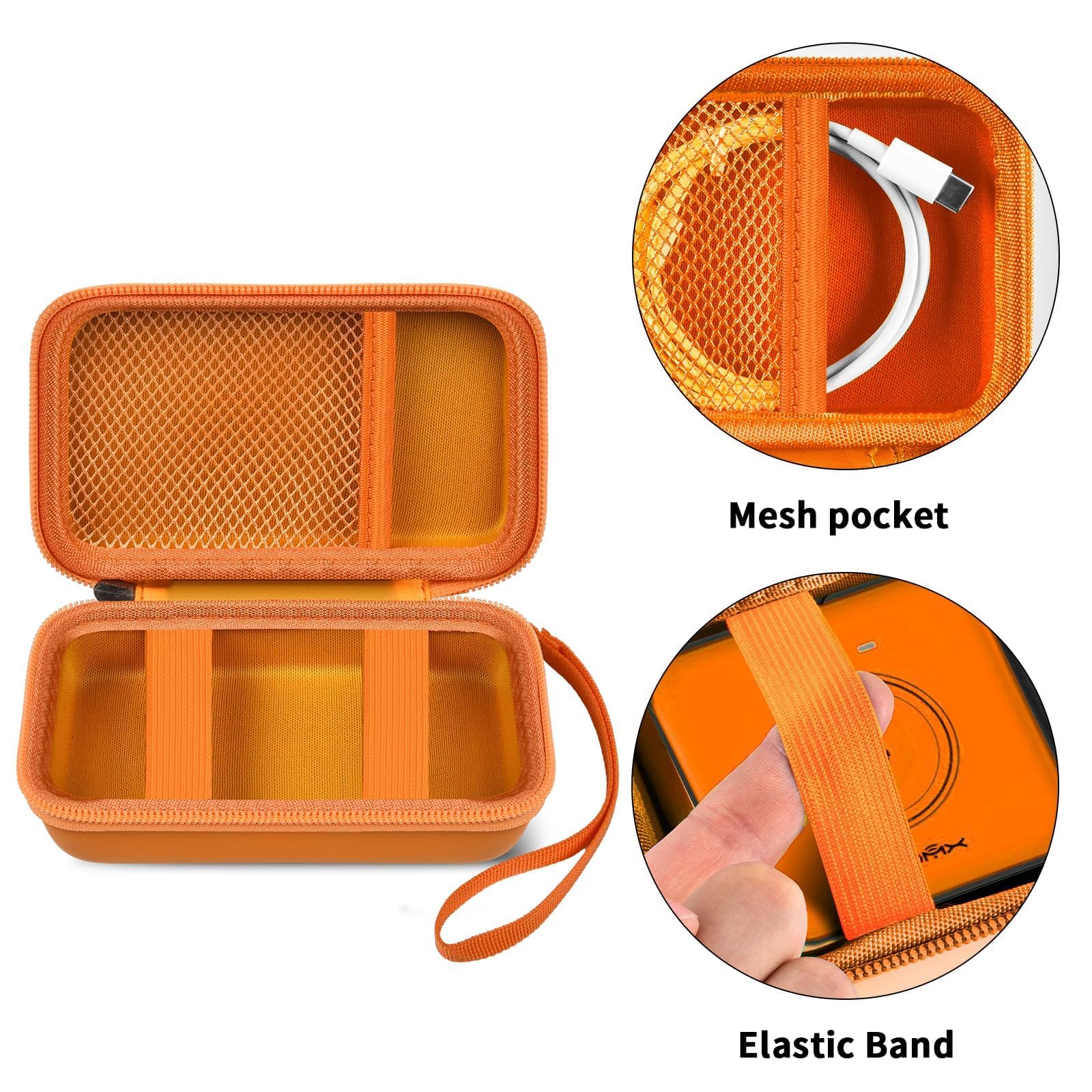 Open orange organizer with mesh cable pocket, elastic straps, and divided compartments