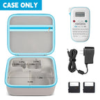 Open gray and blue label maker case with mesh pocket and divided interior; case only