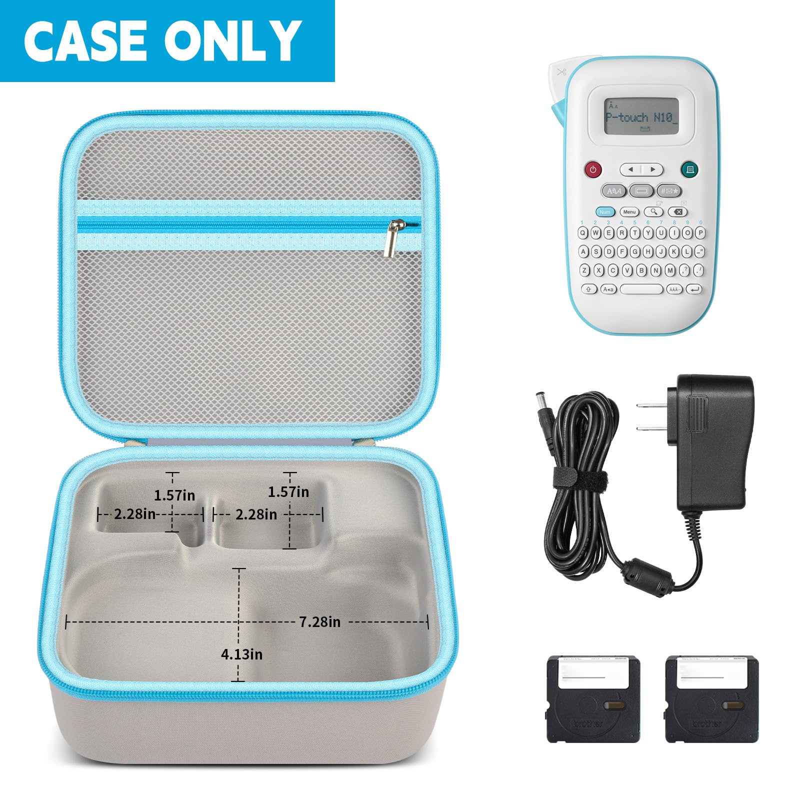 Open gray and blue label maker case with mesh pocket and divided interior; case only