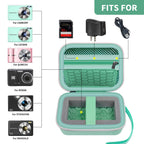 Open mint green compact camera case shown with compatible Kodak, Canon, and Sony cameras