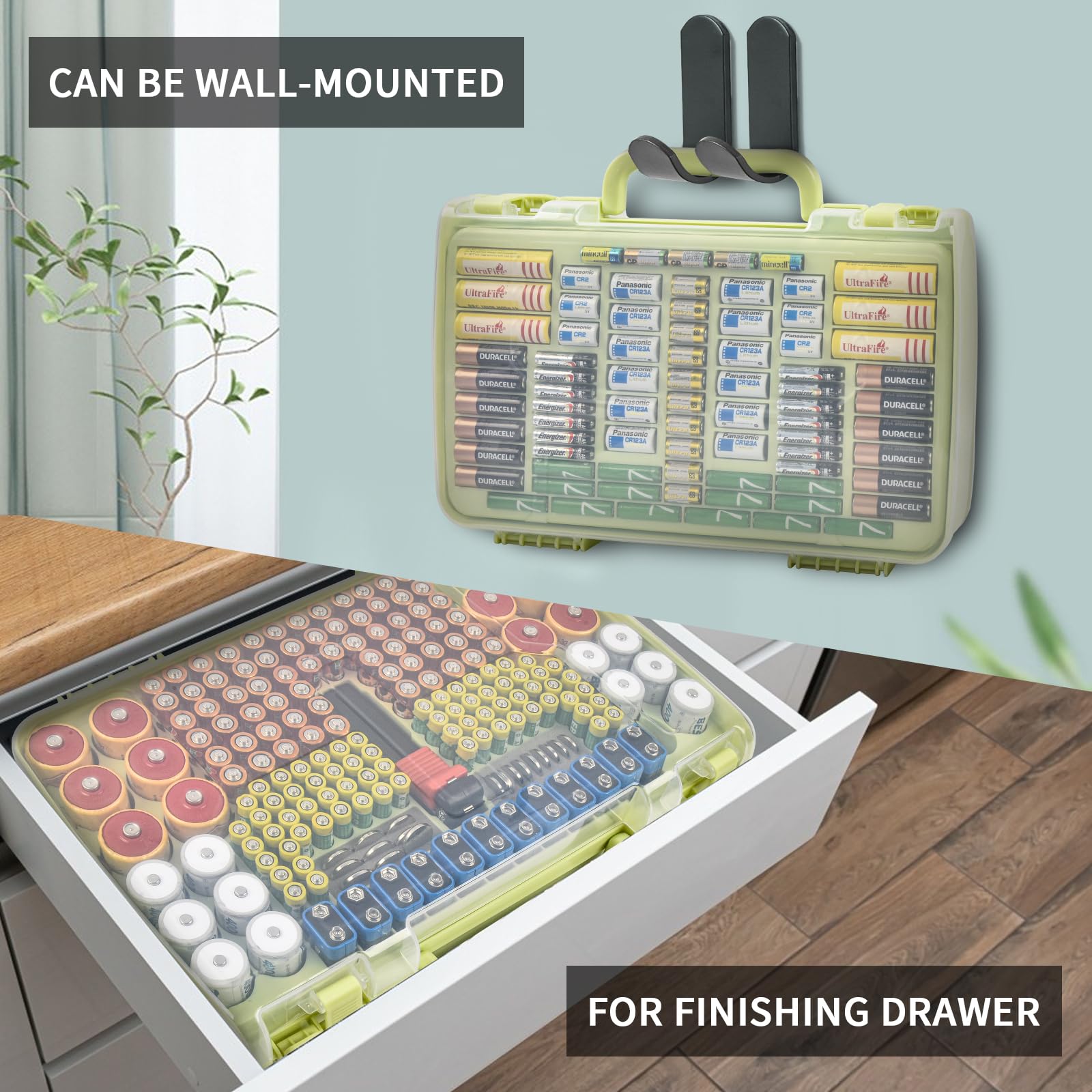 Lime green 269-slot battery organizer case wall-mounted and drawer-storage options