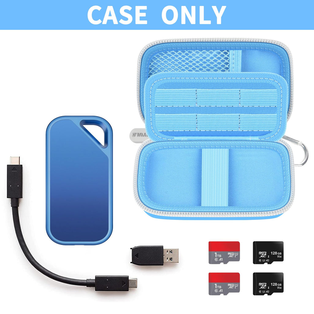 Open blue SanDisk SSD case with portable drive, cable, and memory cards; case only