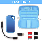 Open blue SanDisk SSD case with portable drive, cable, and memory cards; case only