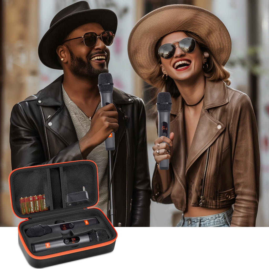 Singers using wireless microphones beside the open black and orange carrying case