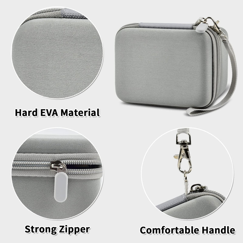 Gray camera case with hard EVA shell, strong zipper, and carrying strap