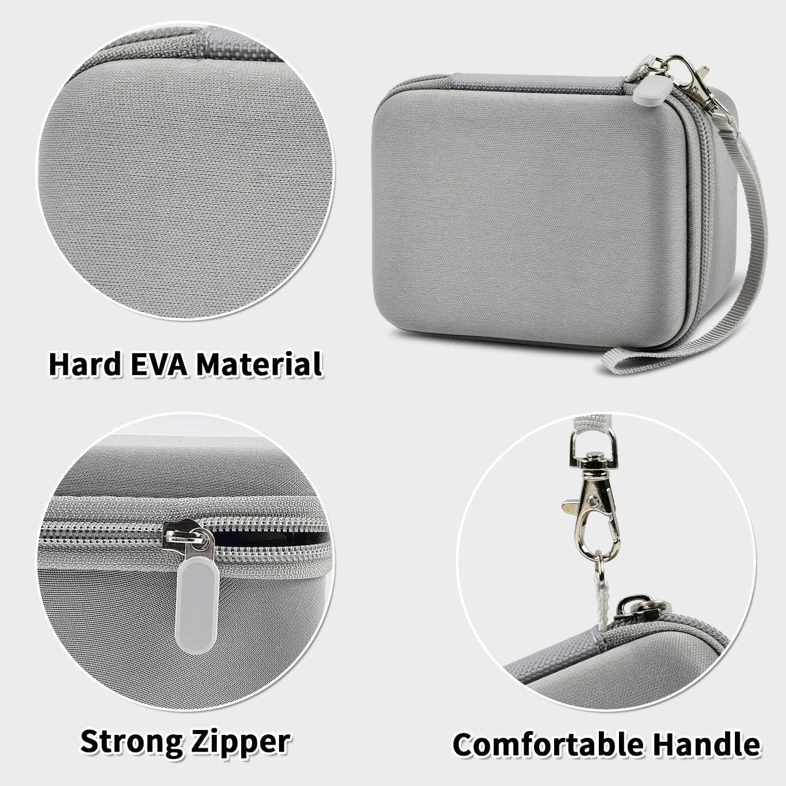 Gray camera case with hard EVA shell, strong zipper, and carrying strap