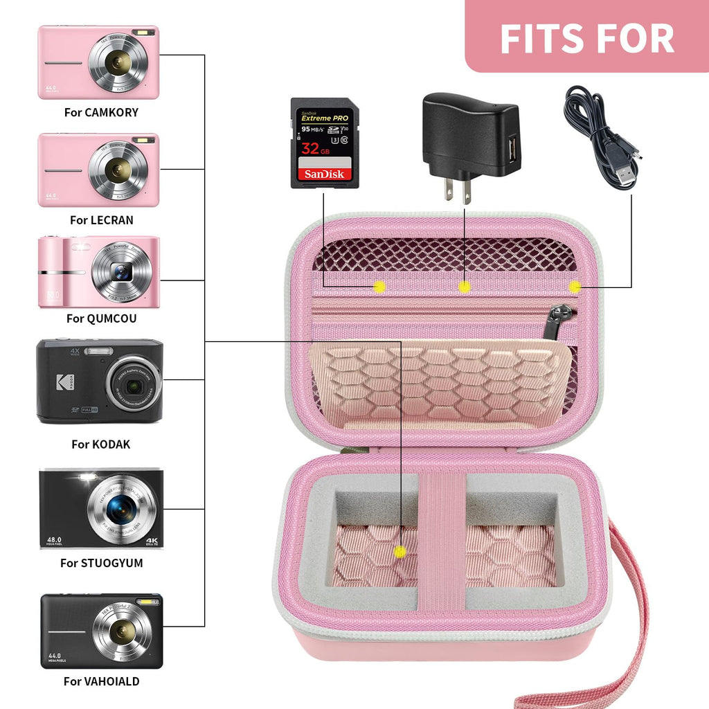 Open light pink compact camera case shown with compatible Kodak, Canon, and Sony cameras