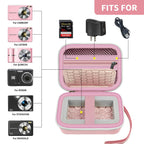 Open light pink compact camera case shown with compatible Kodak, Canon, and Sony cameras
