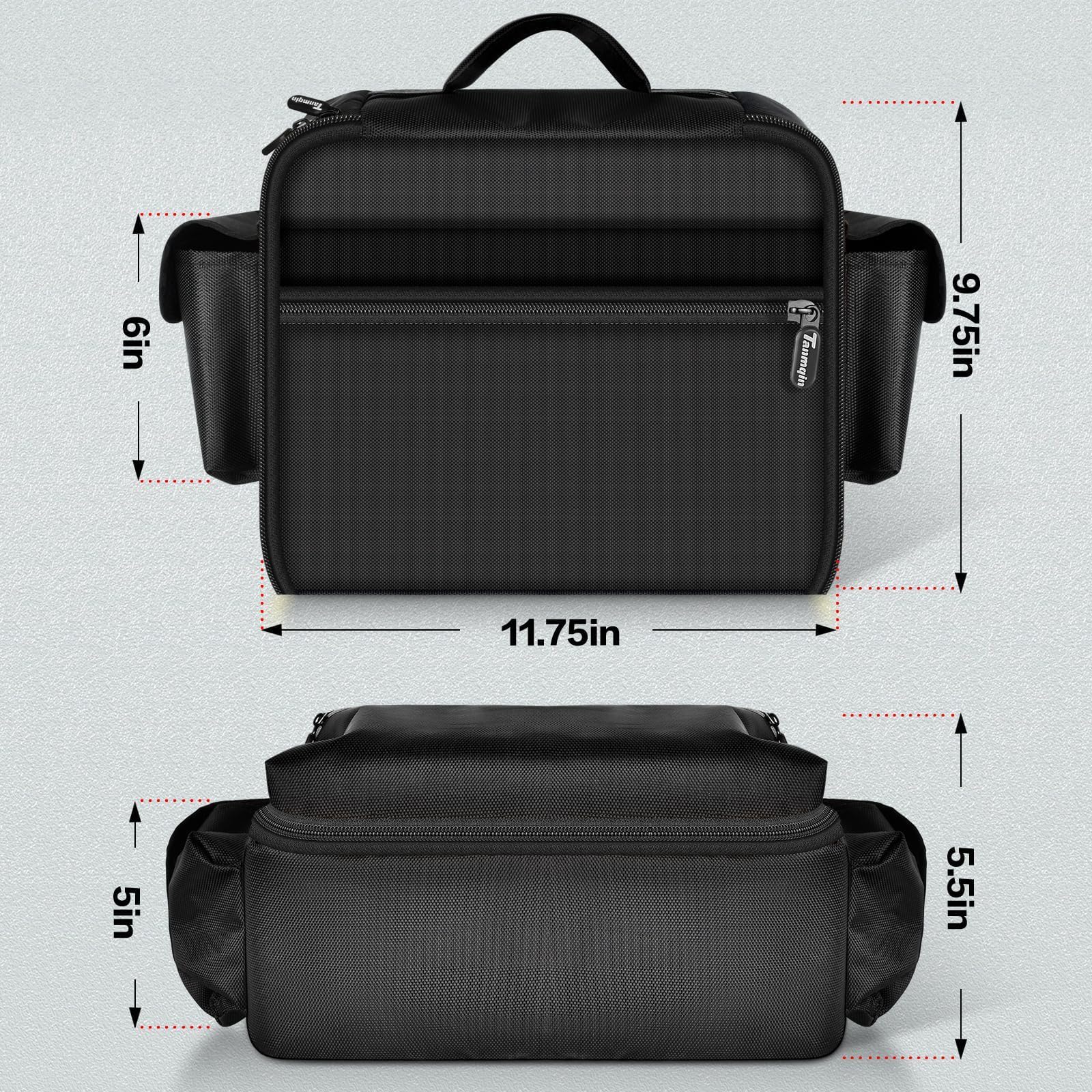 Black air compressor bag dimensions: 11.75 by 9.75 by 6 inches