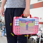 Red 269-slot battery organizer case carried by the handle with case dimensions shown