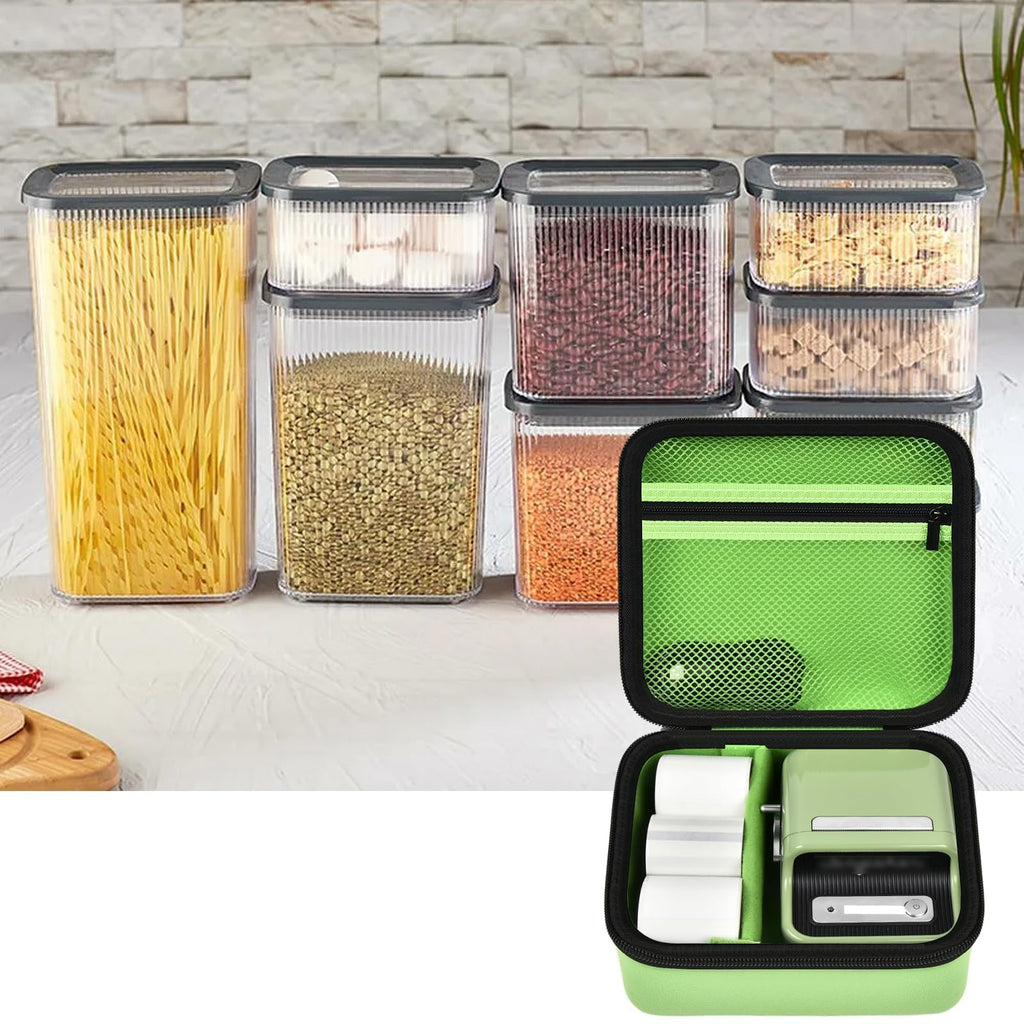 Open bright green NIIMBOT label maker case organizing a printer and accessories in a kitchen