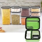 Open bright green NIIMBOT label maker case organizing a printer and accessories in a kitchen