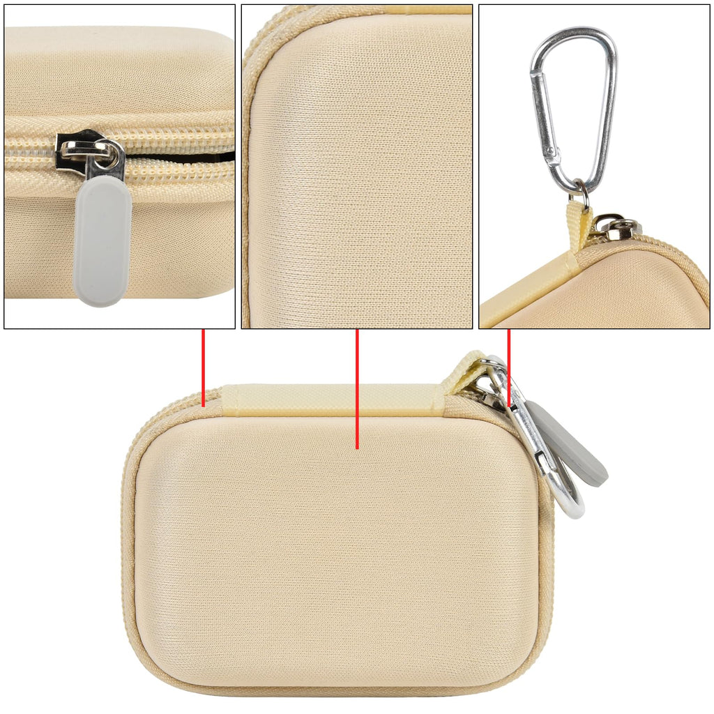 Beige mini power bank case with protective shell, zipper, and carabiner details
