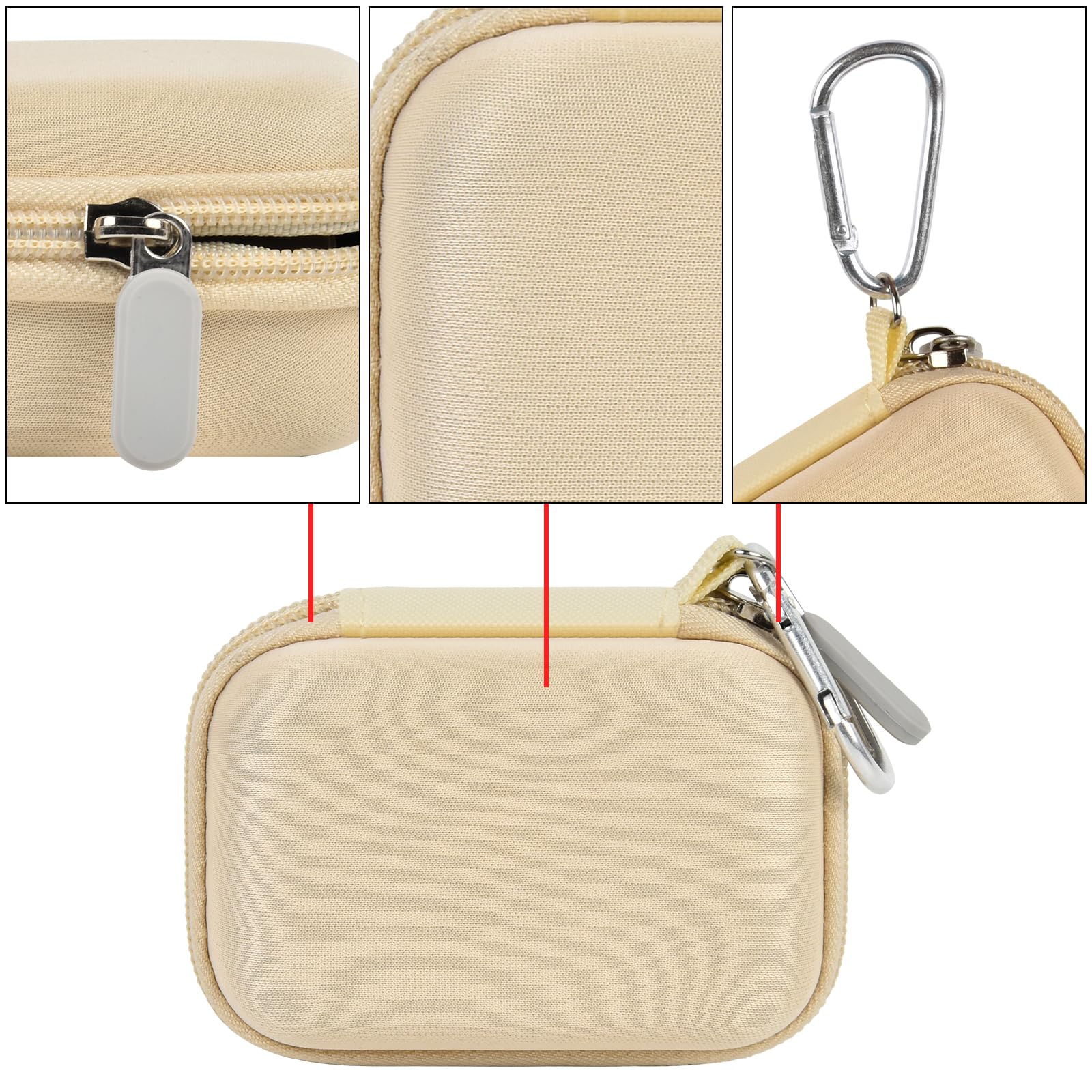 Beige mini power bank case with protective shell, zipper, and carabiner details