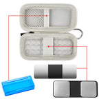 Open white KardiaMobile case with mesh pocket, sensor area, and accessory compartments