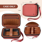 Open coral and brown camera case with internal dimensions and wrist strap; case only