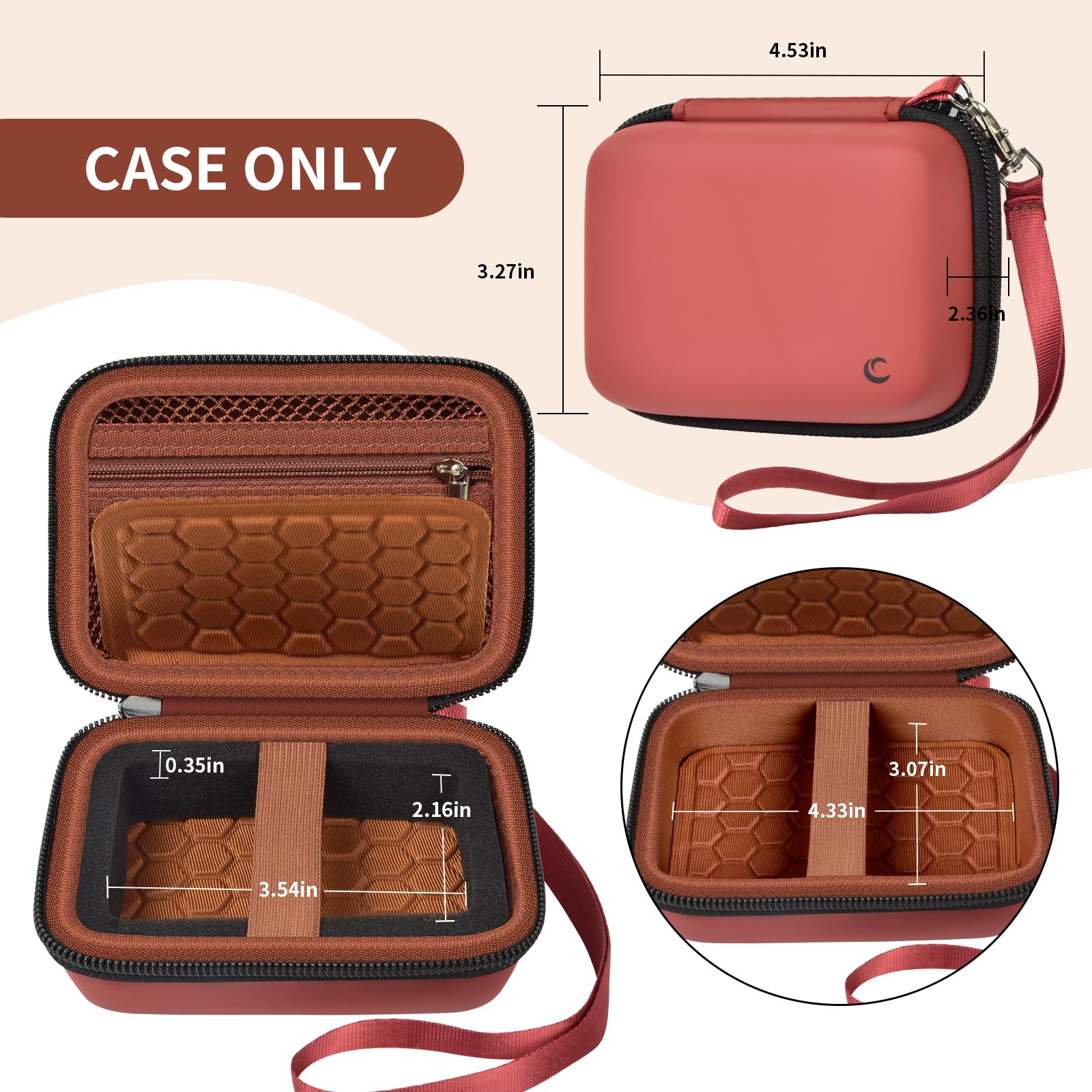 Open coral and brown camera case with internal dimensions and wrist strap; case only