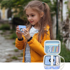 Blue kids instant print camera case open beside a child using the camera with a parent
