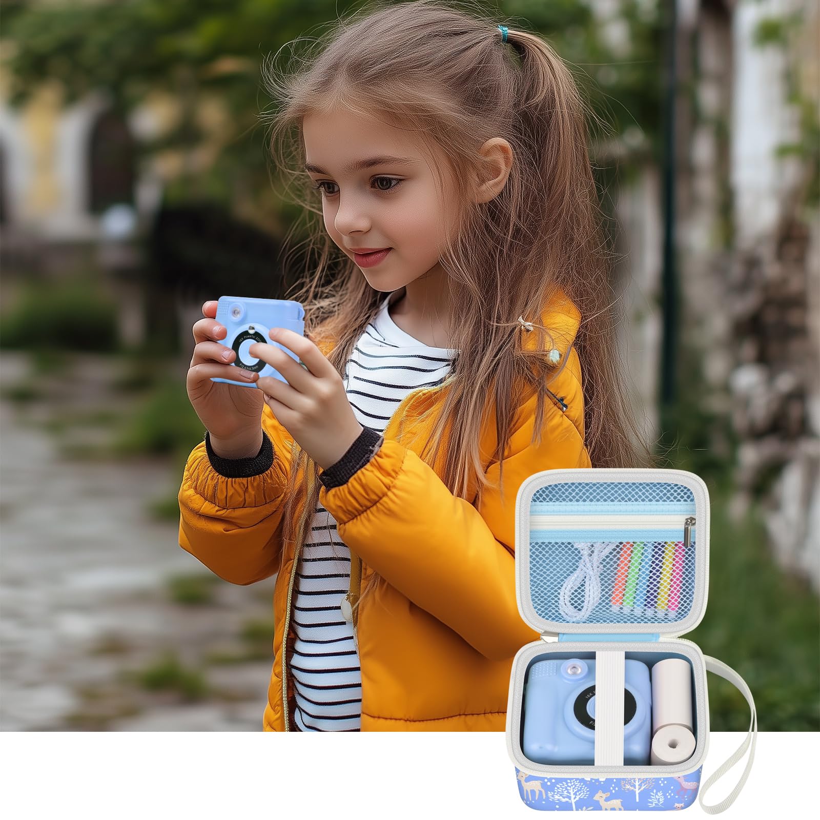 Blue kids instant print camera case open beside a child using the camera with a parent