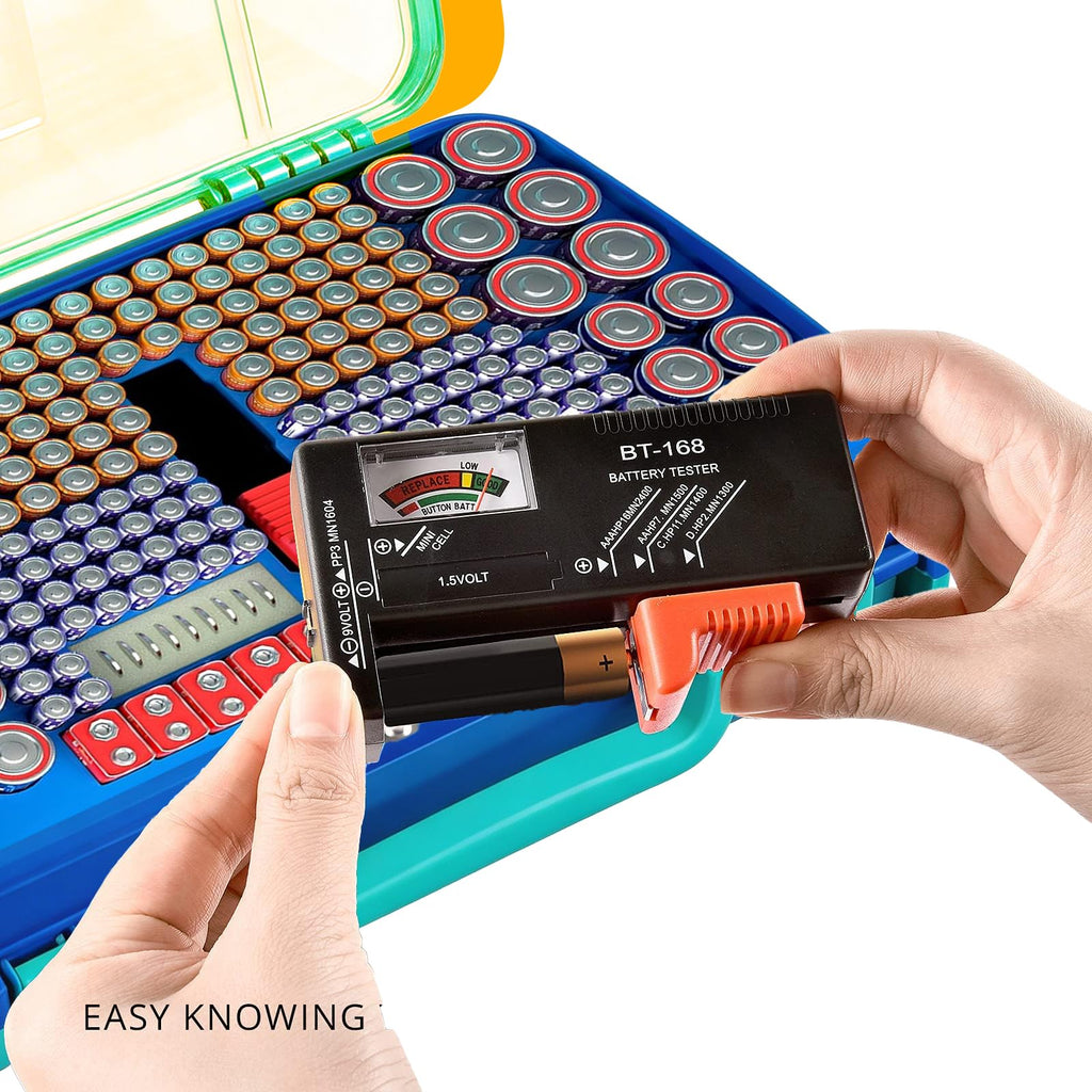 Turquoise blue 269-slot battery organizer case included battery tester checking battery condition