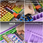 Purple 269-slot battery organizer case front and back battery compartments and button-cell slots