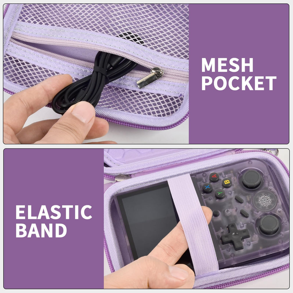 Lavender retro handheld console carrying case mesh cable pocket and elastic console strap interior