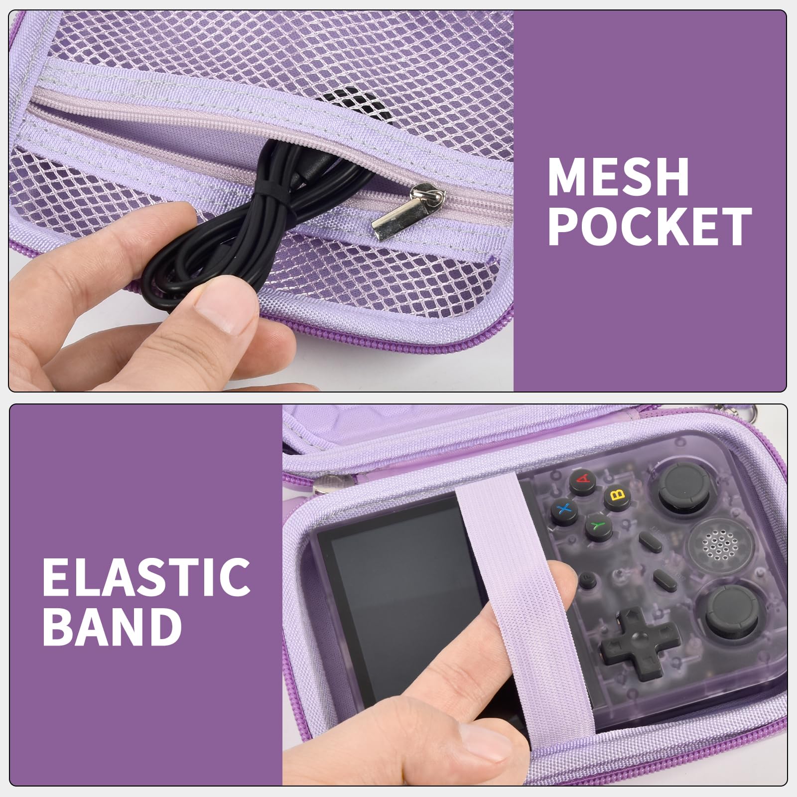 Lavender retro handheld console carrying case mesh cable pocket and elastic console strap interior