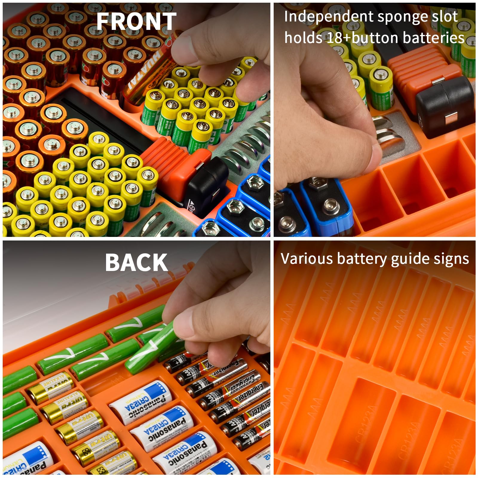 Orange 269-slot battery organizer case front and back battery compartments and button-cell slots