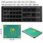 Green coin album with 300 pockets, page capacity, dimensions, and supported coin sizes