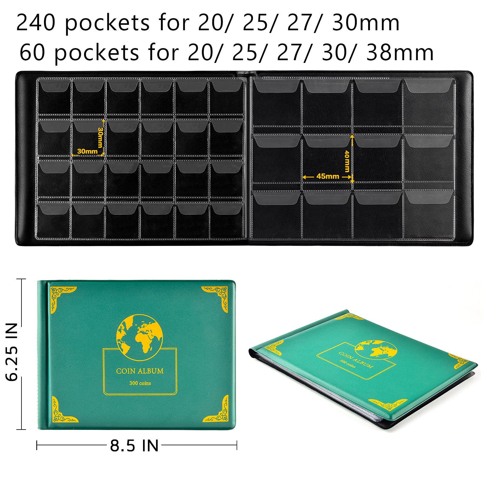 Green coin album with 300 pockets, page capacity, dimensions, and supported coin sizes