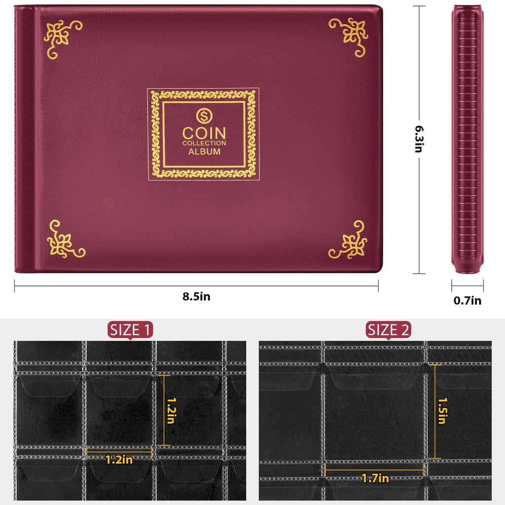 Burgundy coin album dimensions and pocket sizes for small and large coins