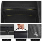 Black barber case with mesh pocket, dual zipper, handle, and firm textured shell