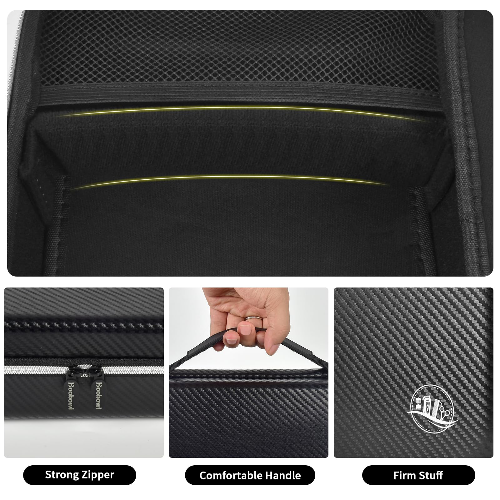 Black barber case with mesh pocket, dual zipper, handle, and firm textured shell