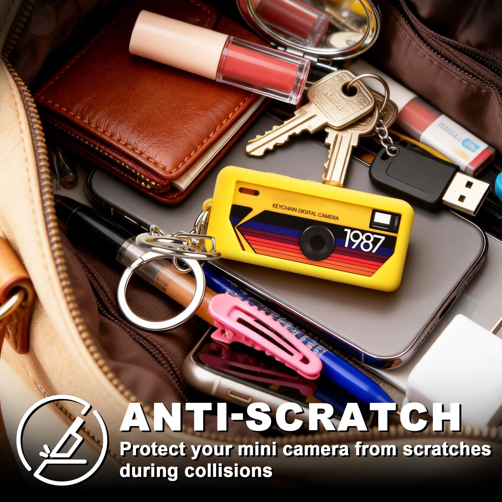 Yellow with retro camera graphic silicone case for Kodak Charmera keychain camera anti-scratch protection shown inside a bag