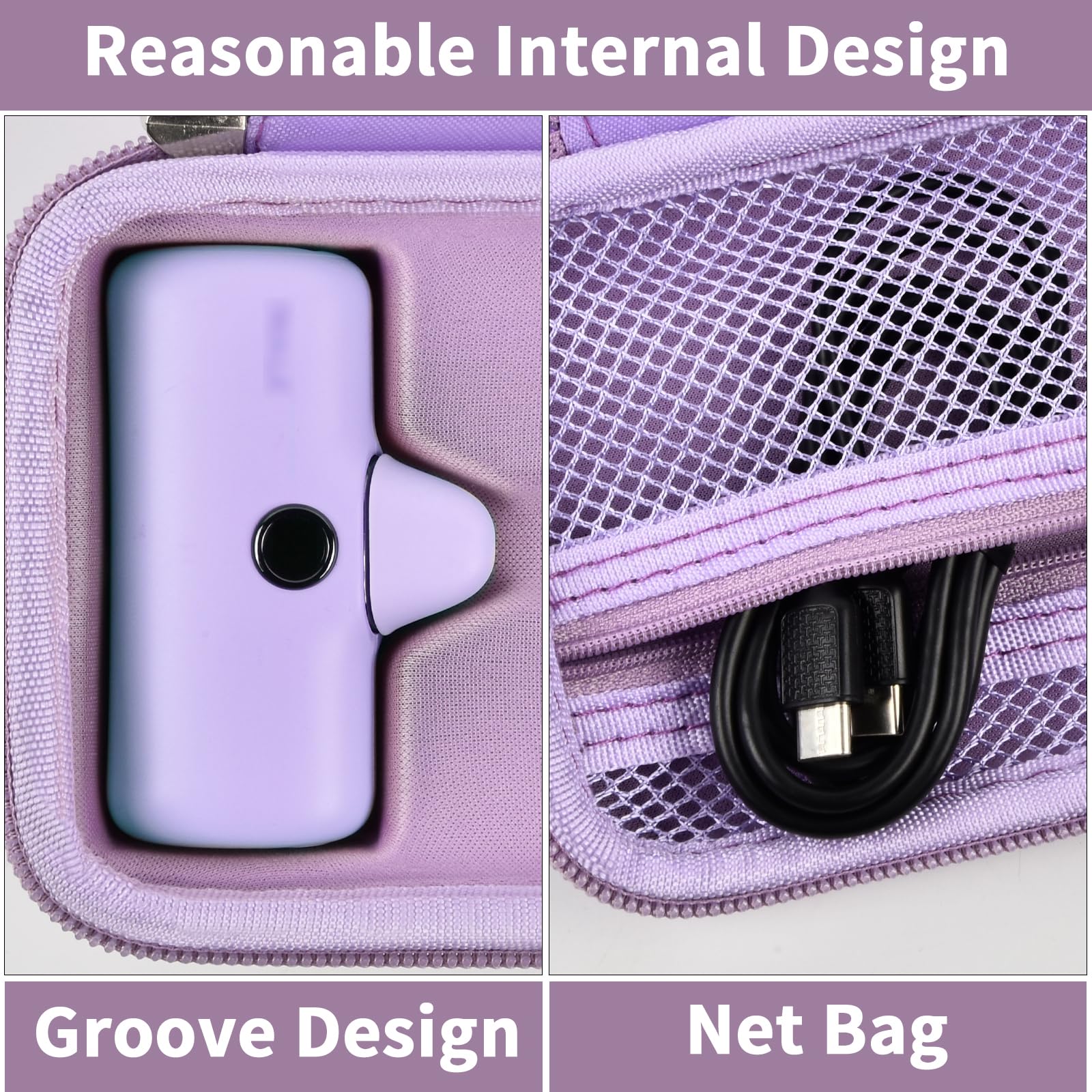 Lavender charger case interior with molded groove and mesh cable pocket