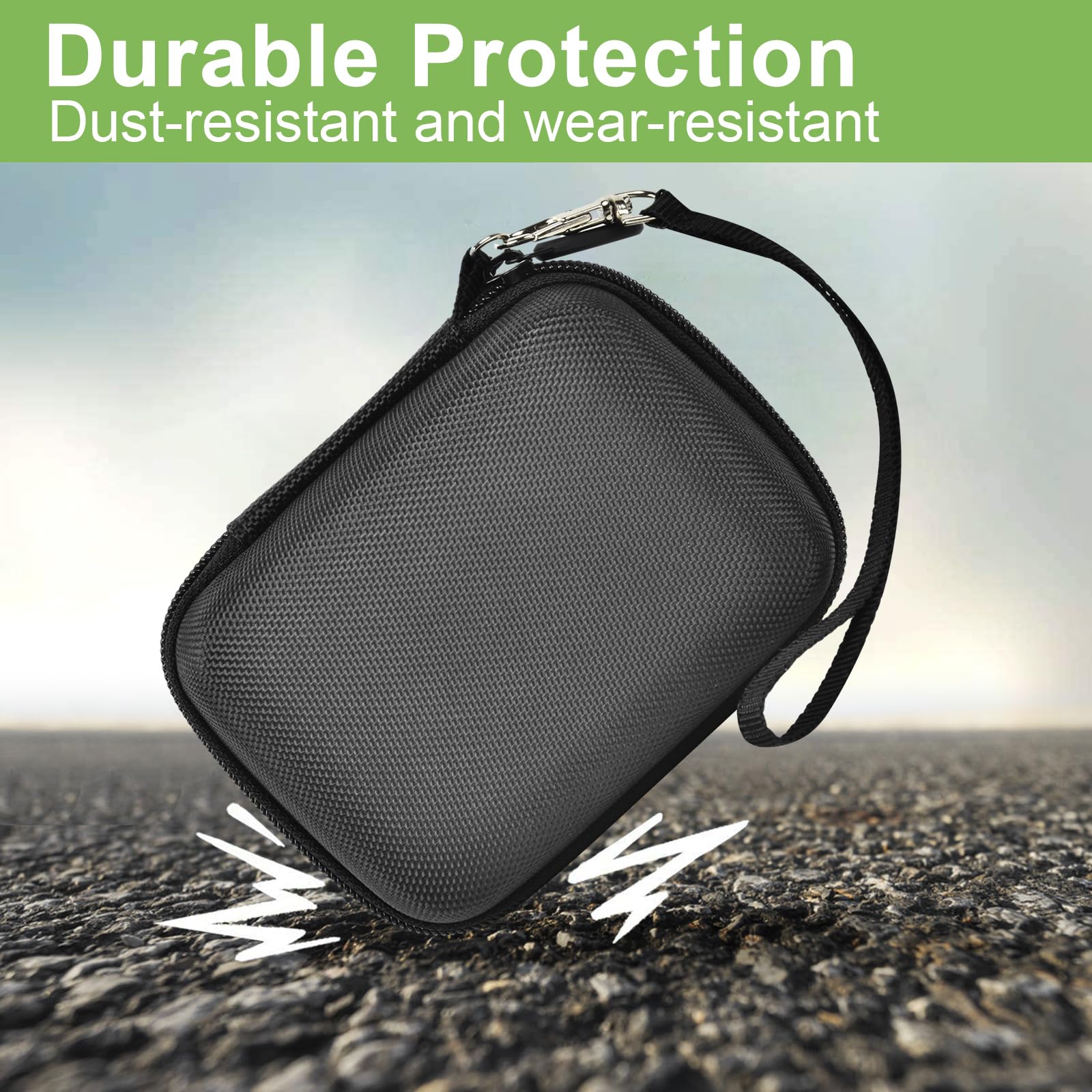 Black protective digital camera case dust- and wear-resistant protection demonstration
