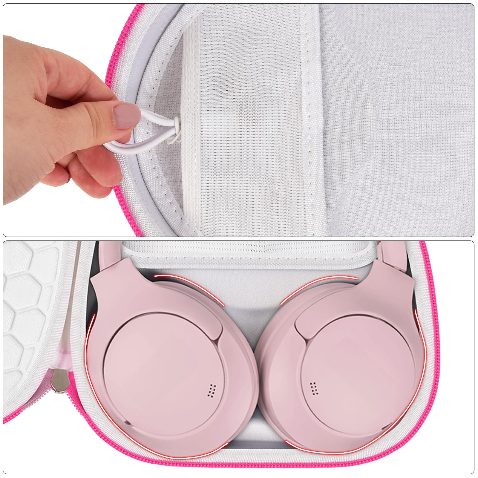White with pink trim headphone case interior with mesh accessory pocket and folded headphones