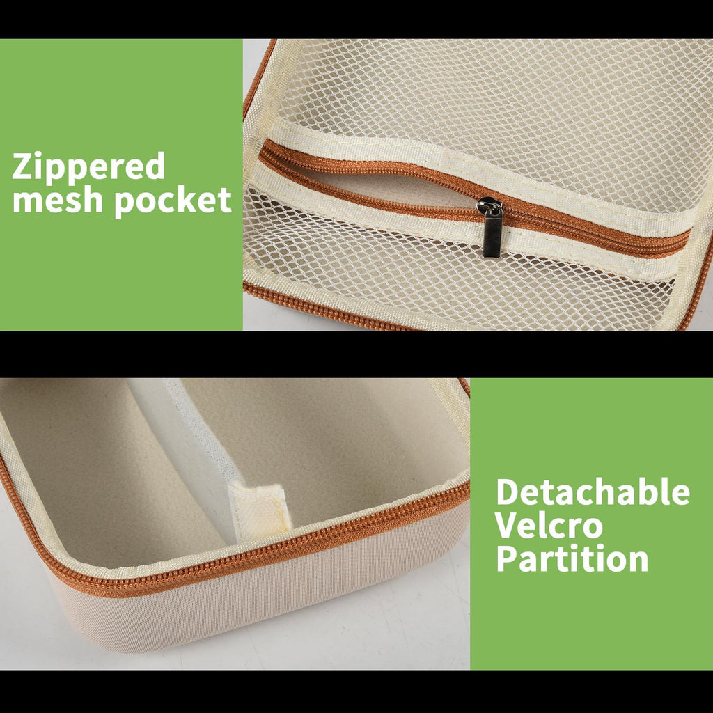 Beige label maker case interior with zippered mesh pocket and removable partition