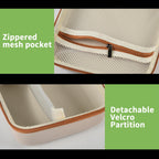 Beige label maker case interior with zippered mesh pocket and removable partition