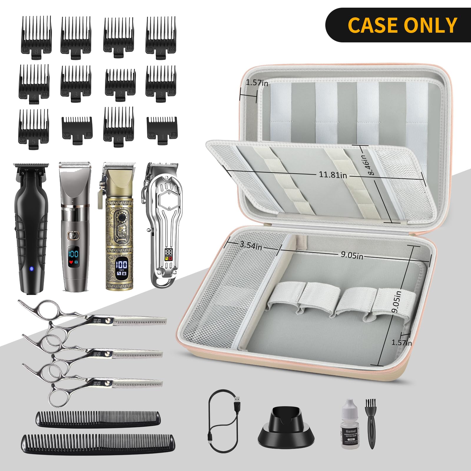Open beige and rose gold clipper case with elastic tool loops and grooming accessories; case only
